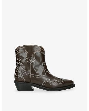 Ganni Western Leather Ankle Boots - Brown