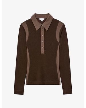 Reiss Wendy Colour-Block Lyocell-Blend Polo Top - Brown