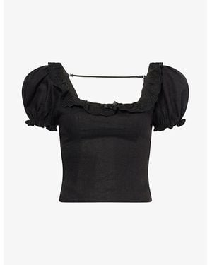Reformation Alice Floral-Print Puff-Sleeve Linen Top - Black