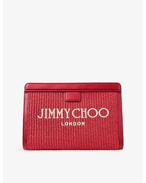 Jimmy Choo Avenue Embroidered-Logo Raffia And Leather Pouch