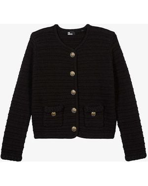 The Kooples Round-Neck Long-Sleeve Ribbed Knitted Cardigan - Black