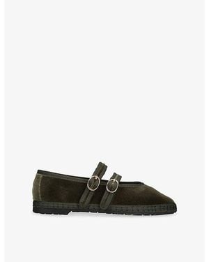 Flabelus Claire Velvet Mary-Jane Flats - Black