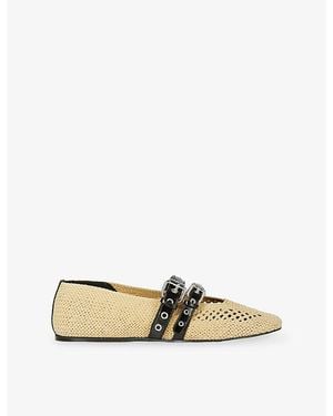 The Kooples Double-Buckle Raffia And Leather Ballet Flats - Natural