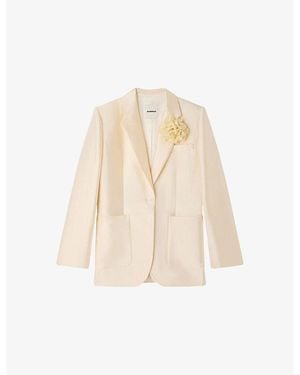 Sandro Flower-Embellished Single-Breasted Satin Blazer - Natural
