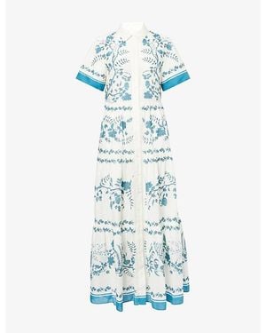 Erdem Botanical-Print Tiered Cotton And Linen-Blend Midi Shirt Dress - Blue