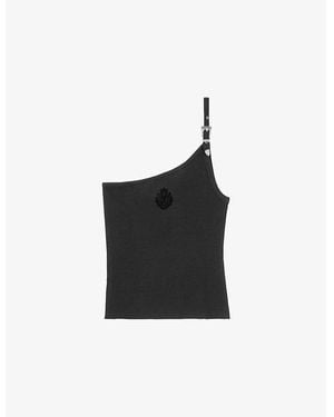 The Kooples One-Shoulder Buckle-Embellished Stretch-Cotton Top - Black