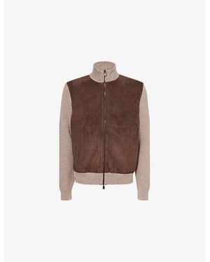 Corneliani Contrast Knitted Leather And Wool Blend Jacket - Brown