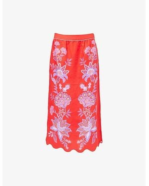 FARM Rio Porcelain Garden Scalloped Linen Midi Skirt - Red