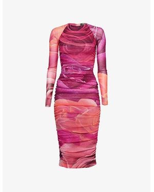 Roberto Cavalli Floral-Print Ruched Woven Midi Dress - Pink