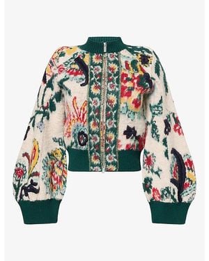 Sacai Floral-Pattern Jacquard Knitted Wool Blouson Jacket - Green