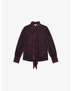 Reiss Dana Snake-Print Tie-Neck Woven Blouse - Purple