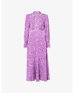 ME+EM Floral-Print Lace-Trim Fit-And-Flare Crepe Maxi Dress - Purple