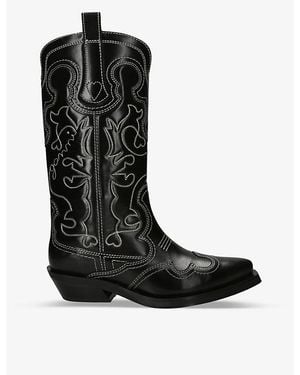 Ganni Mid Shaft Embroidered Calf-Length Leather Cowboy Boots - Black
