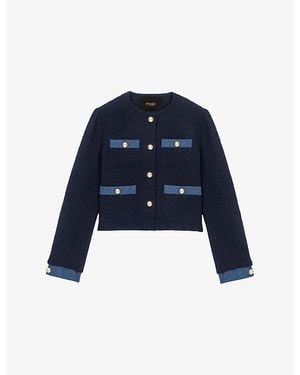 Maje Denim-Trim Four-Pocket Tweed Jacket - Blue