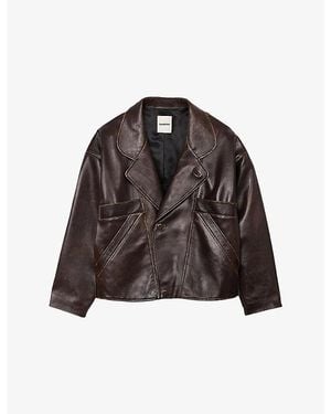 Sandro Oversized-Collar Relaxed-Fit Leather Jacket - Brown