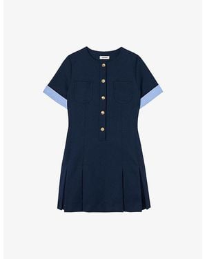 Sandro Patch-Pocket Pleated Stretch-Woven Mini Dress - Blue