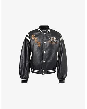 True Religion Retro Logo-Patch Faux-Leather Varsity Jacket - Black