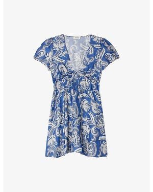 Sandro Floral-Print Short-Sleeved Woven Mini Dress - Blue