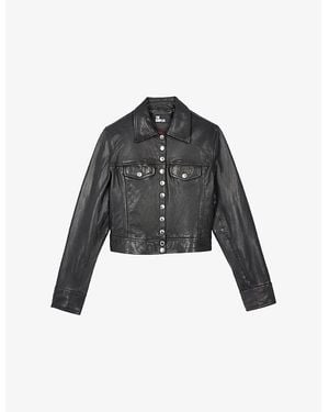 The Kooples Branded-Hardware Cropped Leather Jacket - Black