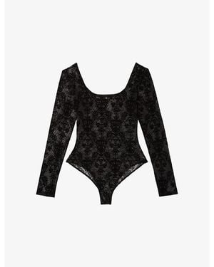 The Kooples Flocked Long-Sleeve Mesh Bodysuit - Black