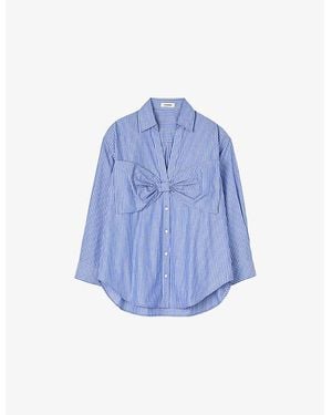 Sandro Striped Bow-Embellished Cotton Shirt - Blue