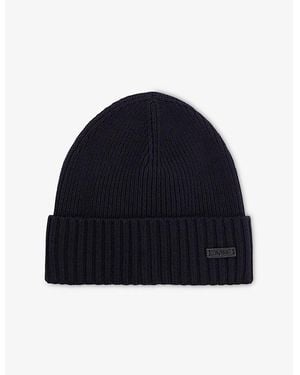 BOSS Ribbed Brand-Patch Wool Knitted Beanie Hat - Blue