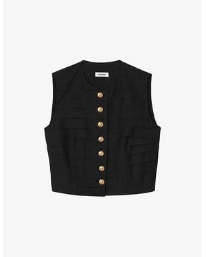 Sandro Button-Down Pleated Cotton-Blend Crop Top - Black