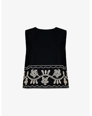 Ro&zo Embroidered-Panel Round-Neck Stretch-Cotton Shell Top - Black