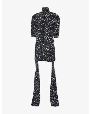 Rabanne Floral-Print Ruched-Detail Mini Dress - Black