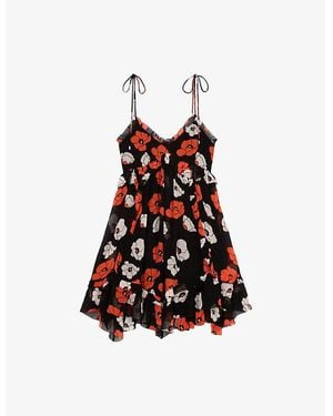 The Kooples Floral-Print Asymmetric-Hem Woven Mini Dress - Red