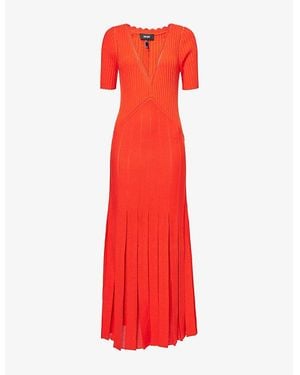 ME+EM Pleated Short-Sleeves Knitted Maxi Dress - Red