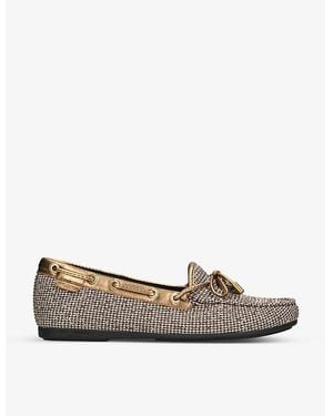 Kurt Geiger Eagle Bow-Embellished Houndstooth Woven Moccasins - White