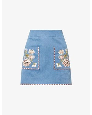 Veronica Beard Pallas Embroidered Denim Mini Skirt - Blue