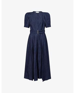 Gabriela Hearst Patricia Pleated Belted Cotton-And-Linen Midi Dress - Blue