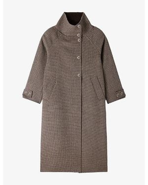 Sandro Checked Funnel-Neck Wool-Blend Coat - Brown
