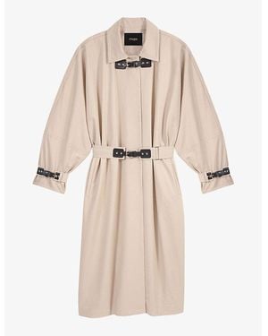 Maje Contrast-Buckle Long Cotton Trench Coat - Natural