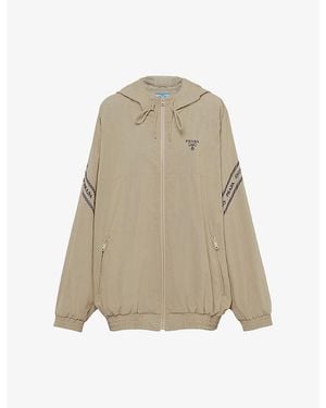 Prada Brand-Embroidered Raglan-Sleeved Cotton-Blend Hoody - Natural