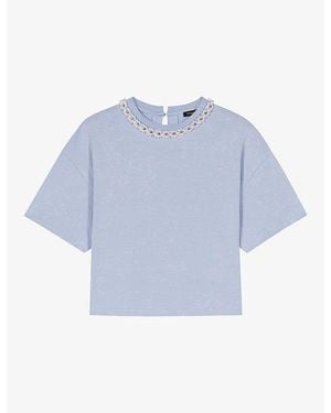 Maje Necklace-Embellished Short-Sleeved Cotton-Jersey T-Shirt - Blue
