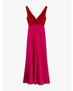OMNES Maggy V-Neck Cut-Out Sleeveless Satin Midi Dress - Red