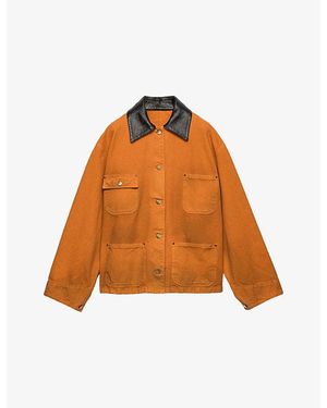 Prada Patch-Pocket Leather-Collar Cotton-Canvas Jacket - Orange