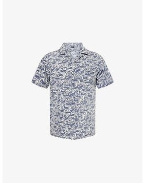 Drake's Duck Block-Print Camp-Collar Short Sleeve Cotton Shirt - Blue