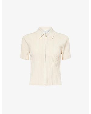 Victoria Beckham Short-Sleeve Collared-Neckline Ribbed Polo Top - Natural