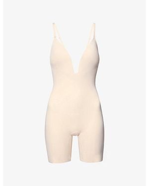 Spanx Shape Plunge-Neck Mid-Thigh Bodysuit - Natural