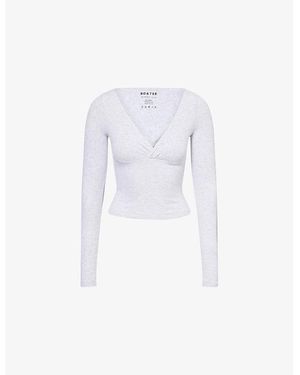 BO+TEE Ribbed V-Neck Stretch-Woven Top - White
