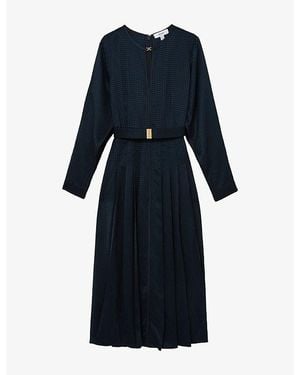 Reiss Kea Houndstooth-Check Long-Sleeve Woven Shirt Dress - Blue