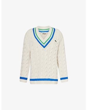 Lacoste V-Neck Striped Cotton-Blend Cable-Knit Sweater - Blue