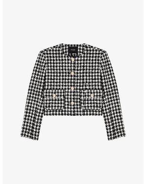 Maje Houndstooth Round-Neck Tweed Jacket - Black