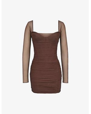 House Of Cb Anouk Square-Neck Stretch-Mesh Mini Dress - Brown