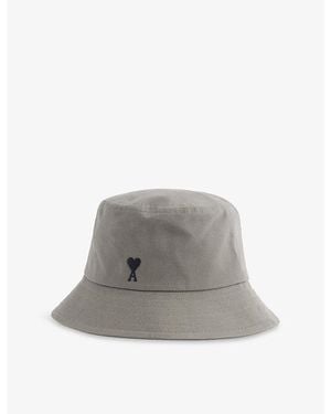 Ami Paris Tonal Embroidered-Logo Cotton Bucket Hat - Grey