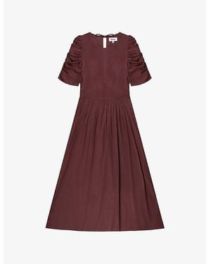 Ro&zo Round-Neck Puff-Sleeve Cotton Midi Dress - Brown